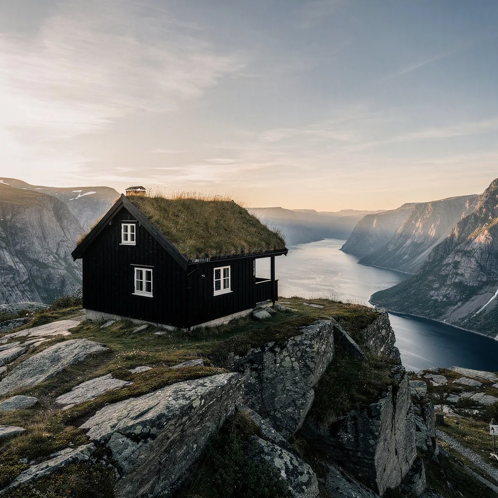 Bakkely, a two-room cabin with a turf roof above Gimsøystraumen
